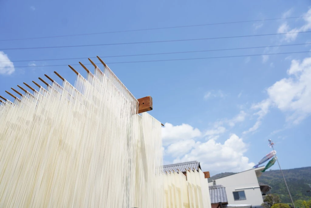 青空の下、干し台に並んで乾燥するマルカツ製麺所の手延べそうめん