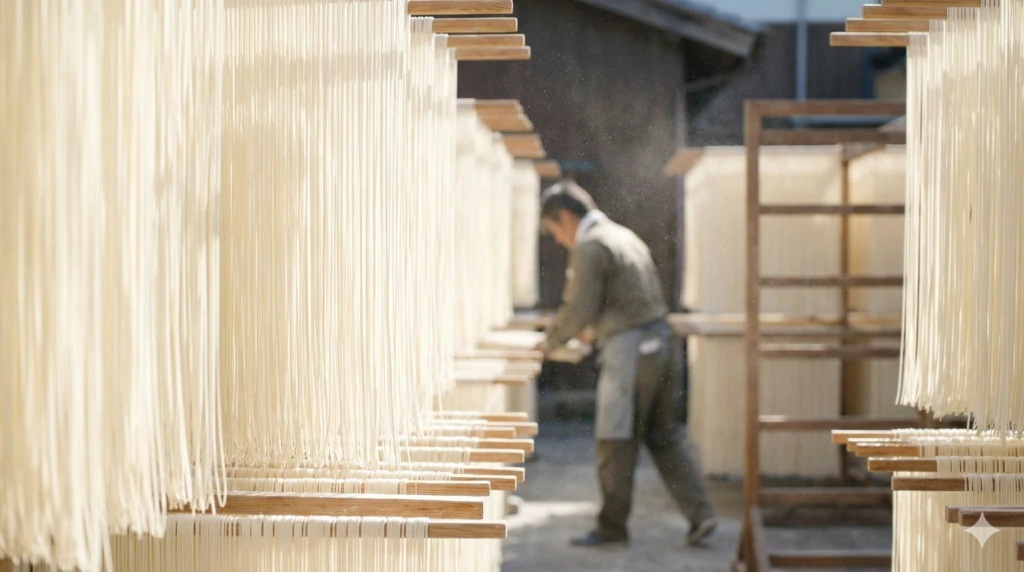 マルカツ製麺所のそうめん干し場で作業する職人