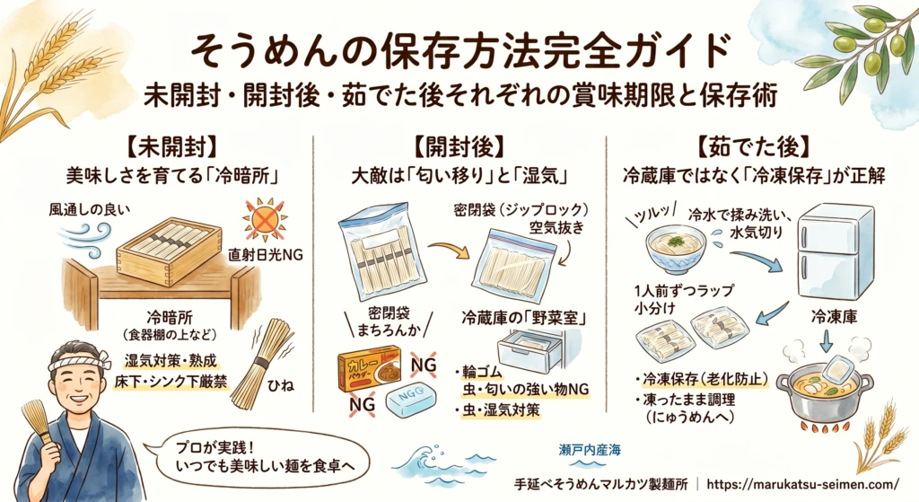そうめんの保存方法(未開封・開封後・茹でた後)を解説したインフォグラフィック