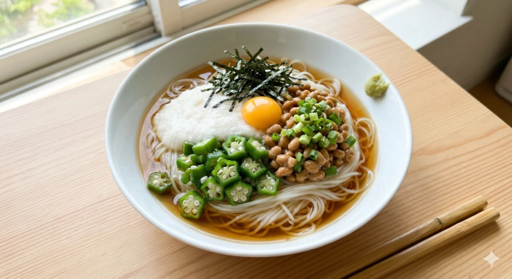 温泉卵・オクラ・納豆をのせたヘルシーなぶっかけそうめん