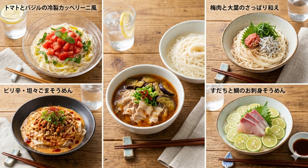 そうめんのアレンジレシピ4種（トマトバジル・梅じそ・ピリ辛ごま・すだち）を並べたコラージュ